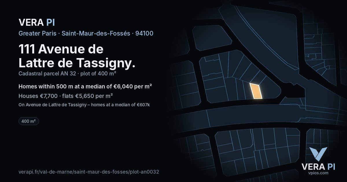 111 Avenue de Lattre de Tassigny, Saint-Maur-des-Fossés at night – the plot lit, the parcels around coloured by the prices near them