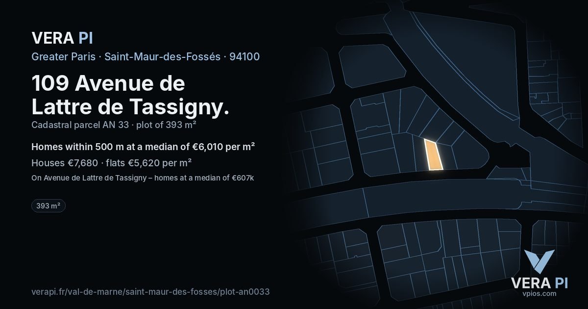 109 Avenue de Lattre de Tassigny, Saint-Maur-des-Fossés at night – the plot lit, the parcels around coloured by the prices near them