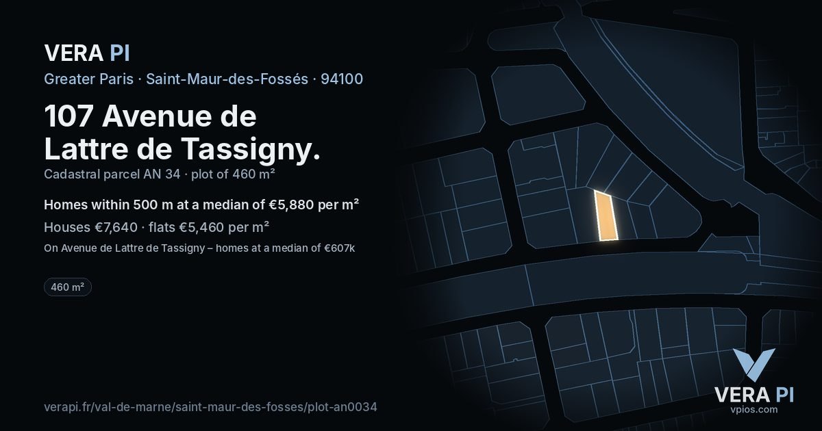 107 Avenue de Lattre de Tassigny, Saint-Maur-des-Fossés at night – the plot lit, the parcels around coloured by the prices near them