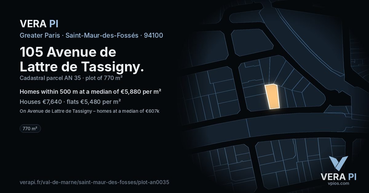 105 Avenue de Lattre de Tassigny, Saint-Maur-des-Fossés at night – the plot lit, the parcels around coloured by the prices near them
