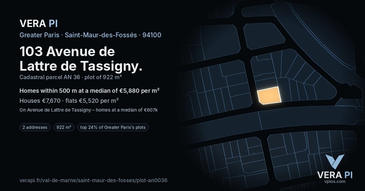 103 Avenue de Lattre de Tassigny, Saint-Maur-des-Fossés at night – the plot lit, the parcels around coloured by the prices near them