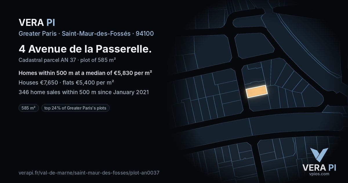 4 Avenue de la Passerelle, Saint-Maur-des-Fossés at night – the plot lit, the parcels around coloured by the prices near them