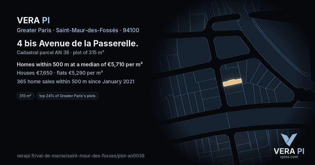4 bis Avenue de la Passerelle, Saint-Maur-des-Fossés at night – the plot lit, the parcels around coloured by the prices near them