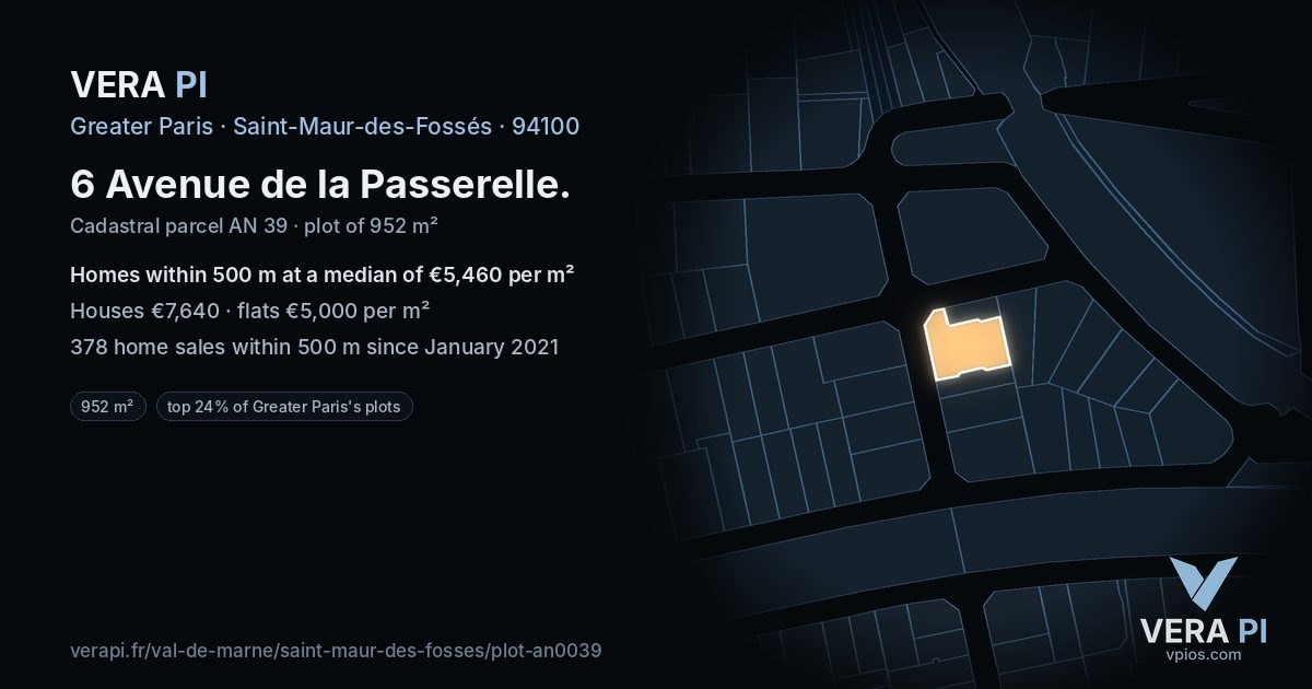 6 Avenue de la Passerelle, Saint-Maur-des-Fossés at night – the plot lit, the parcels around coloured by the prices near them