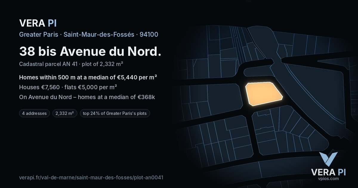 38 bis Avenue du Nord, Saint-Maur-des-Fossés at night – the plot lit, the parcels around coloured by the prices near them