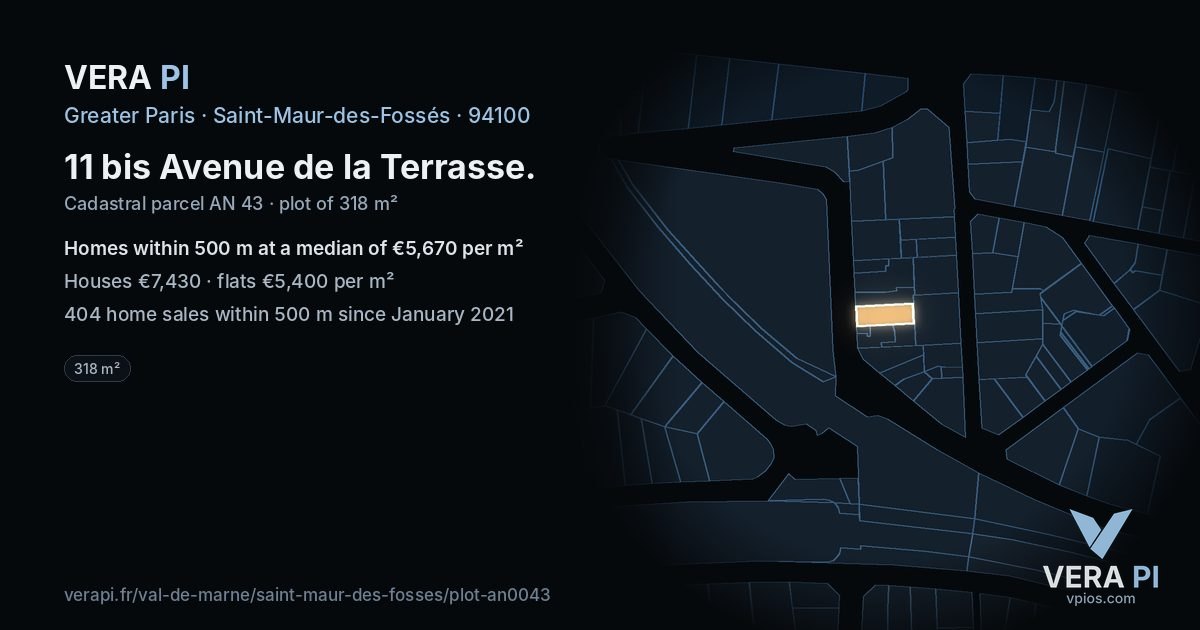 11 bis Avenue de la Terrasse, Saint-Maur-des-Fossés at night – the plot lit, the parcels around coloured by the prices near them