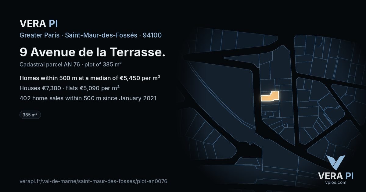 9 Avenue de la Terrasse, Saint-Maur-des-Fossés at night – the plot lit, the parcels around coloured by the prices near them