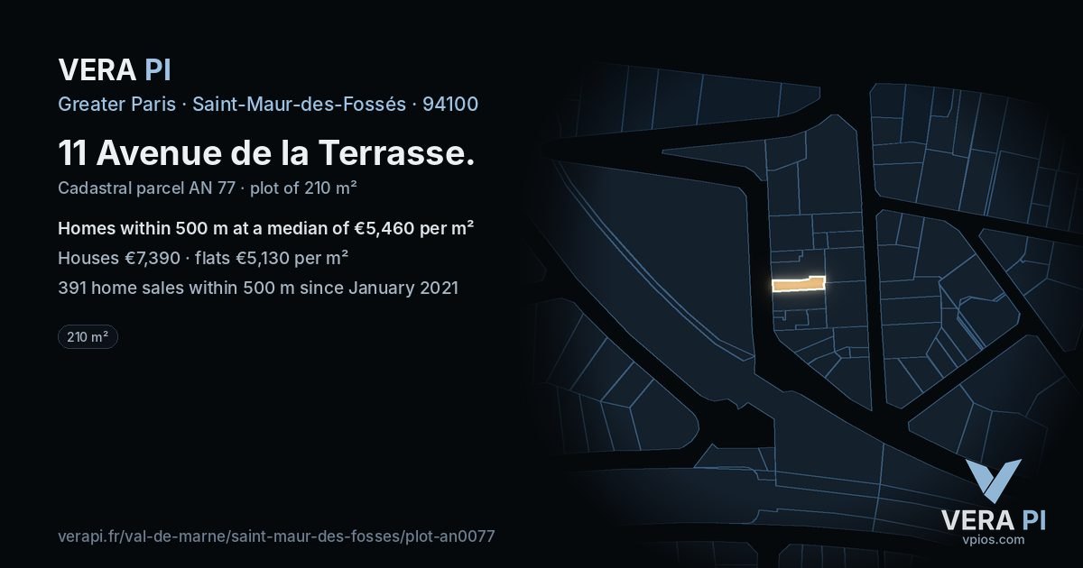 11 Avenue de la Terrasse, Saint-Maur-des-Fossés at night – the plot lit, the parcels around coloured by the prices near them