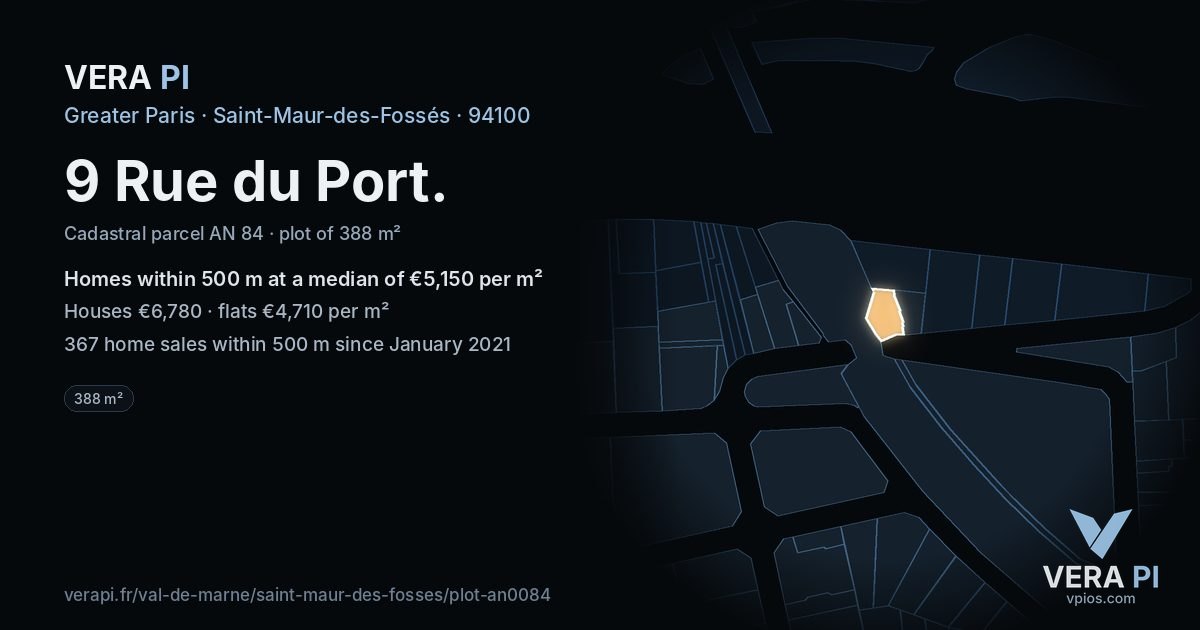 9 Rue du Port, Saint-Maur-des-Fossés at night – the plot lit, the parcels around coloured by the prices near them