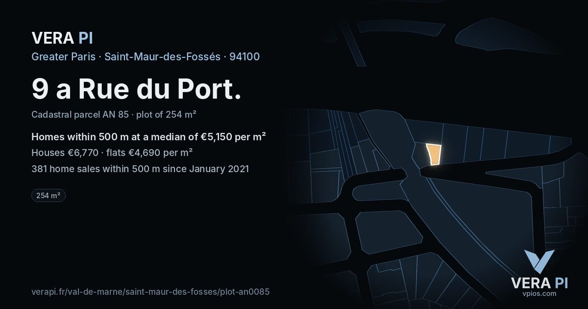 9 a Rue du Port, Saint-Maur-des-Fossés at night – the plot lit, the parcels around coloured by the prices near them