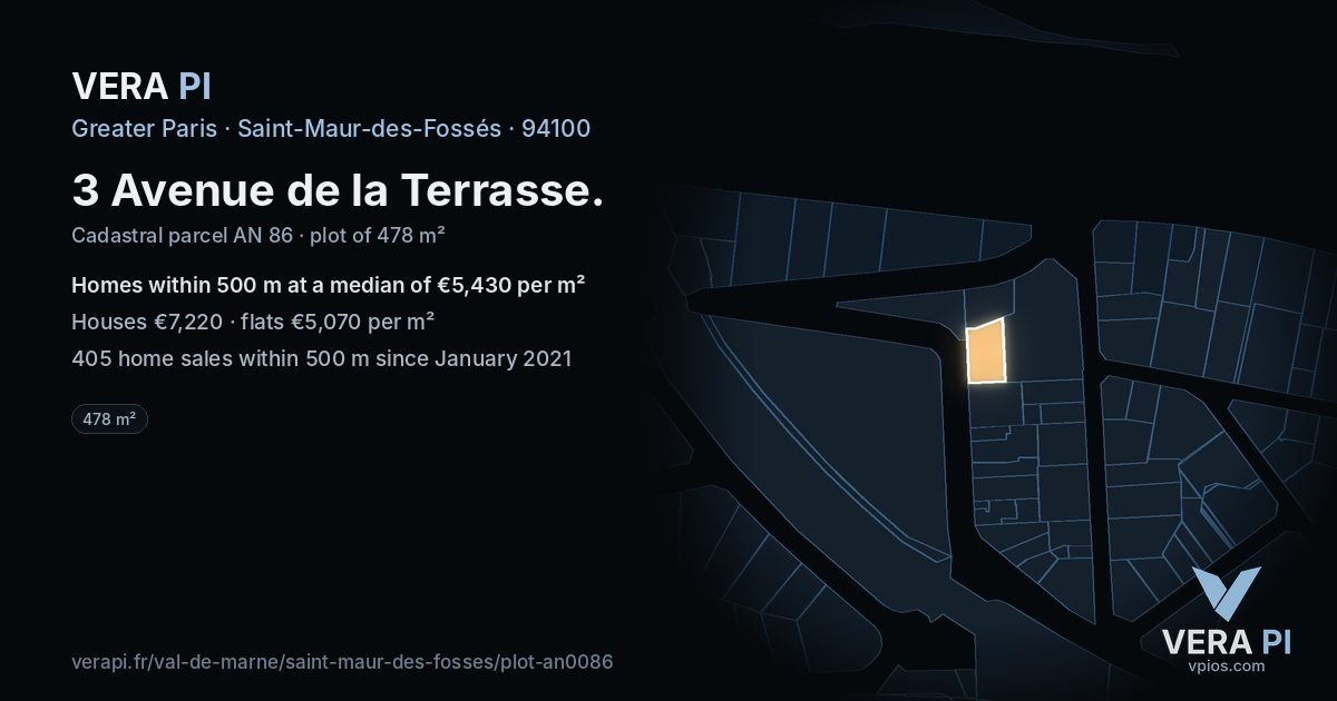 3 Avenue de la Terrasse, Saint-Maur-des-Fossés at night – the plot lit, the parcels around coloured by the prices near them