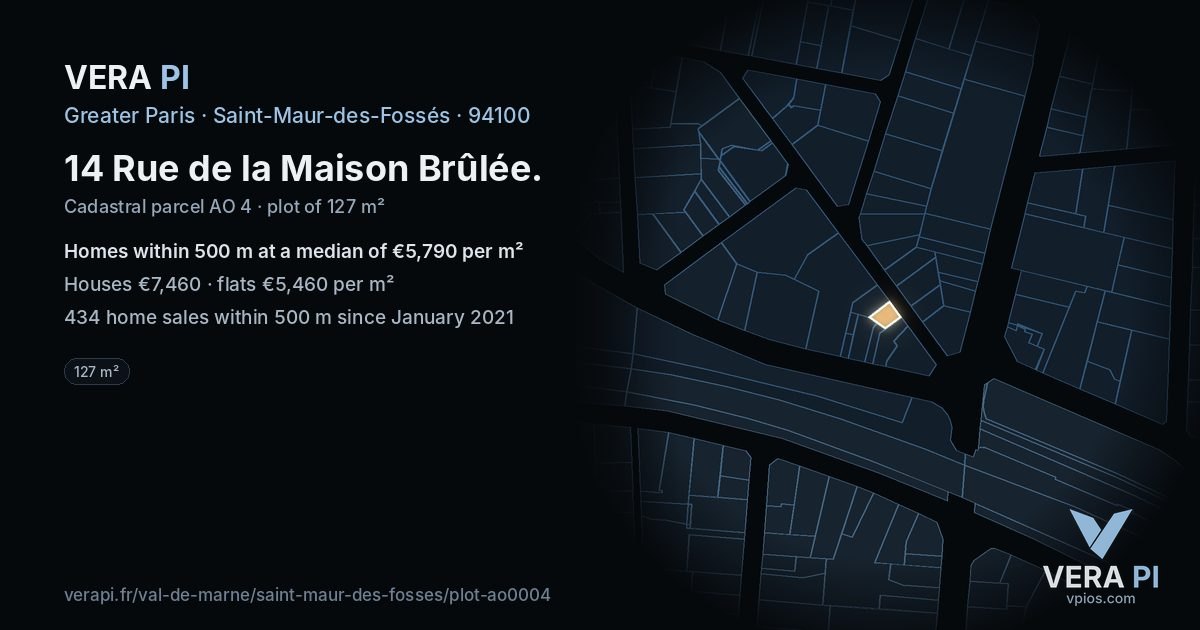 14 Rue de la Maison Brûlée, Saint-Maur-des-Fossés at night – the plot lit, the parcels around coloured by the prices near them