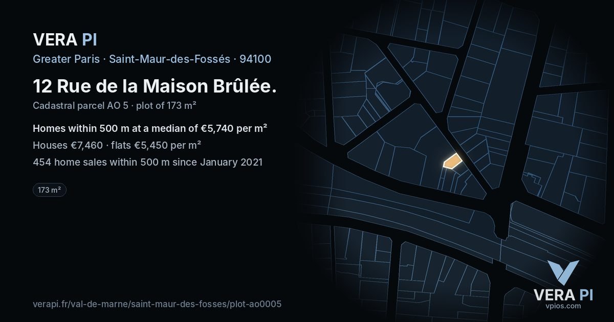 12 Rue de la Maison Brûlée, Saint-Maur-des-Fossés at night – the plot lit, the parcels around coloured by the prices near them