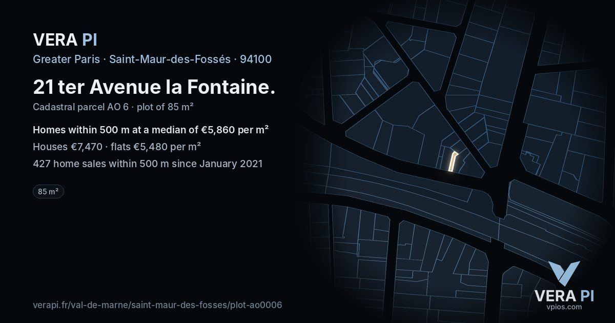 21 ter Avenue la Fontaine, Saint-Maur-des-Fossés at night – the plot lit, the parcels around coloured by the prices near them