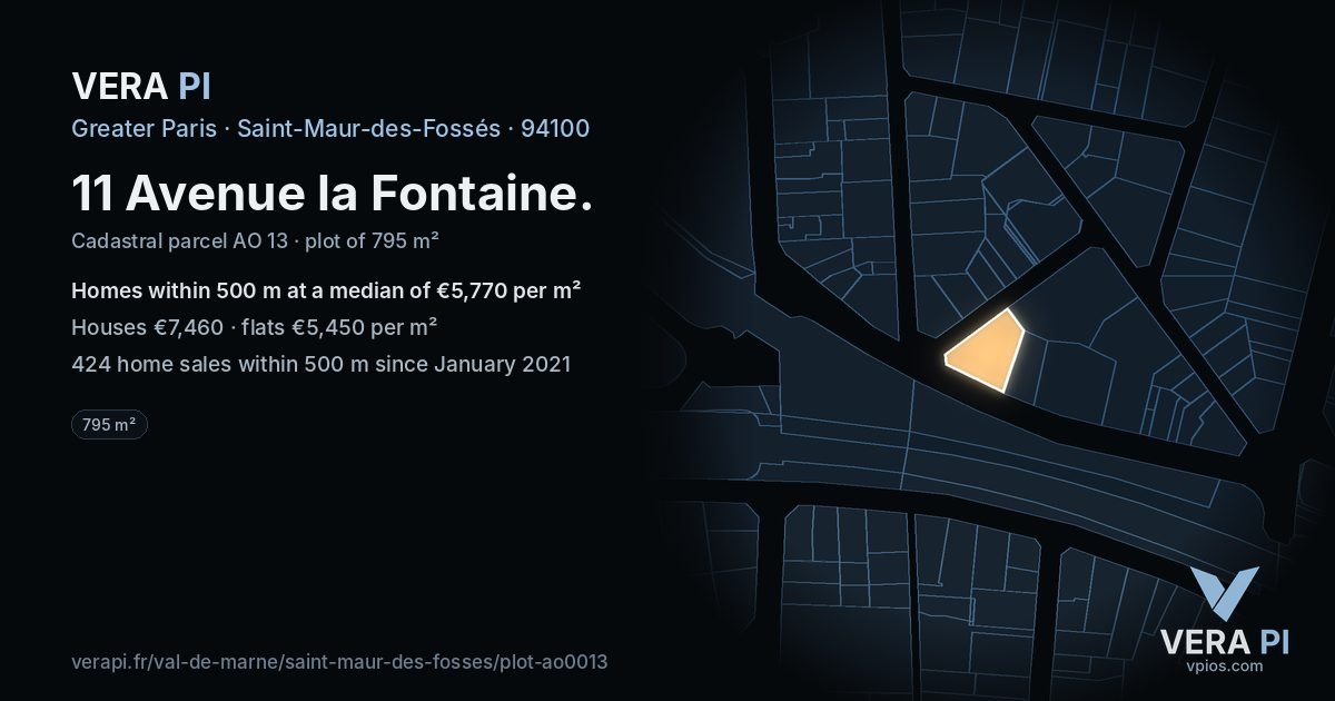 11 Avenue la Fontaine, Saint-Maur-des-Fossés at night – the plot lit, the parcels around coloured by the prices near them