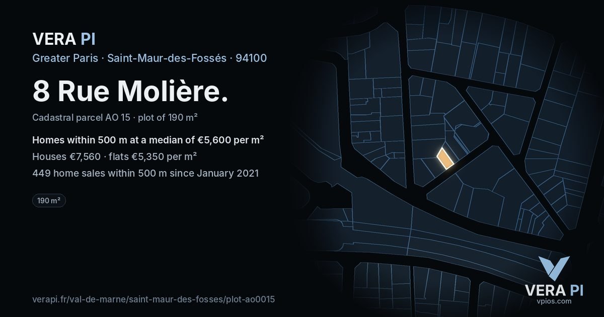 8 Rue Molière, Saint-Maur-des-Fossés at night – the plot lit, the parcels around coloured by the prices near them