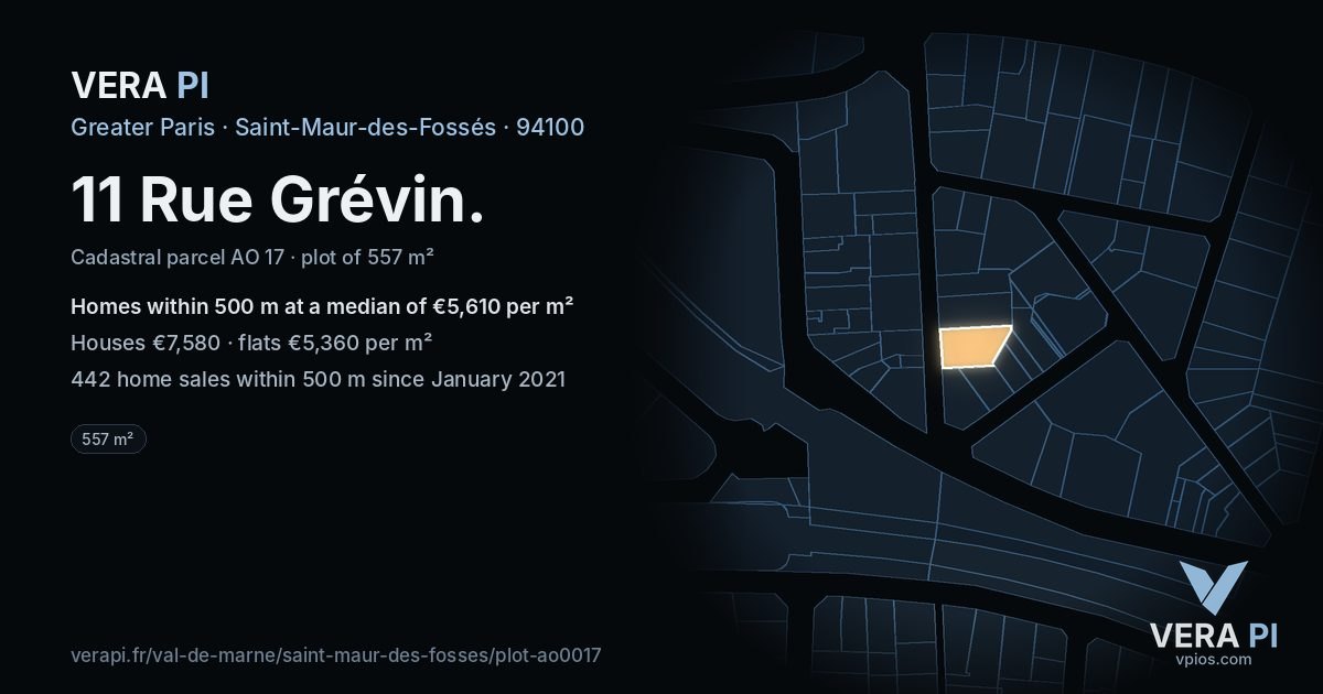 11 Rue Grévin, Saint-Maur-des-Fossés at night – the plot lit, the parcels around coloured by the prices near them