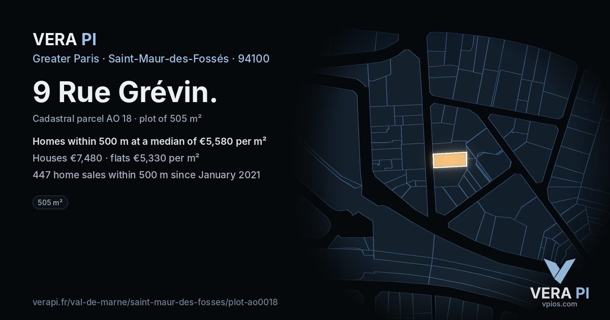 9 Rue Grévin, Saint-Maur-des-Fossés at night – the plot lit, the parcels around coloured by the prices near them