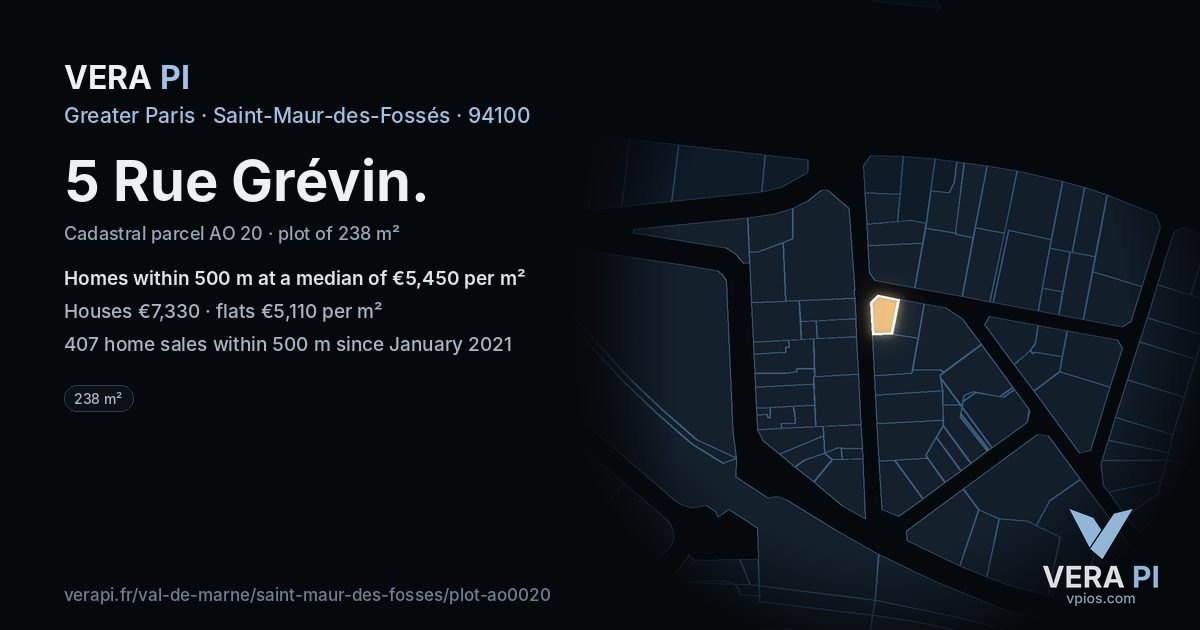 5 Rue Grévin, Saint-Maur-des-Fossés at night – the plot lit, the parcels around coloured by the prices near them