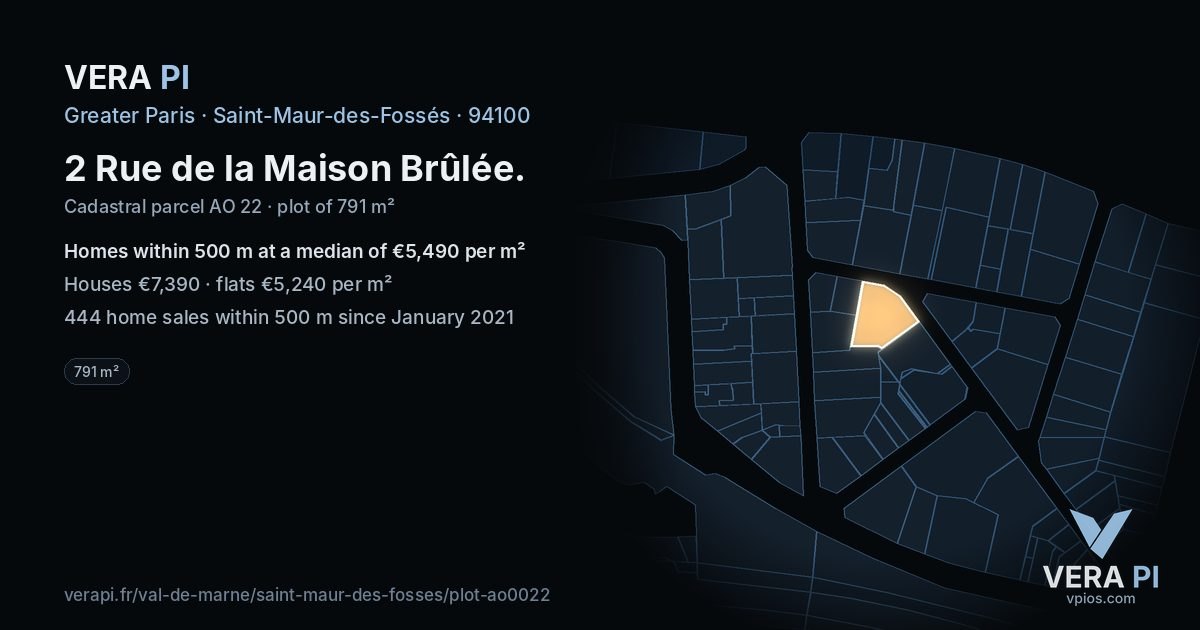 2 Rue de la Maison Brûlée, Saint-Maur-des-Fossés at night – the plot lit, the parcels around coloured by the prices near them