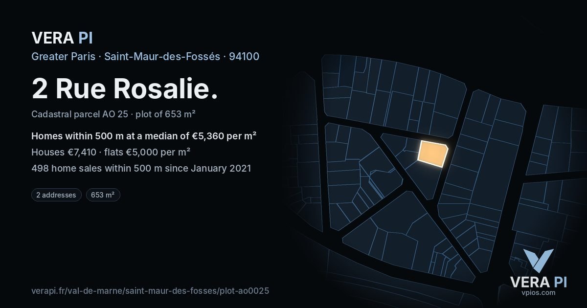 2 Rue Rosalie, Saint-Maur-des-Fossés at night – the plot lit, the parcels around coloured by the prices near them