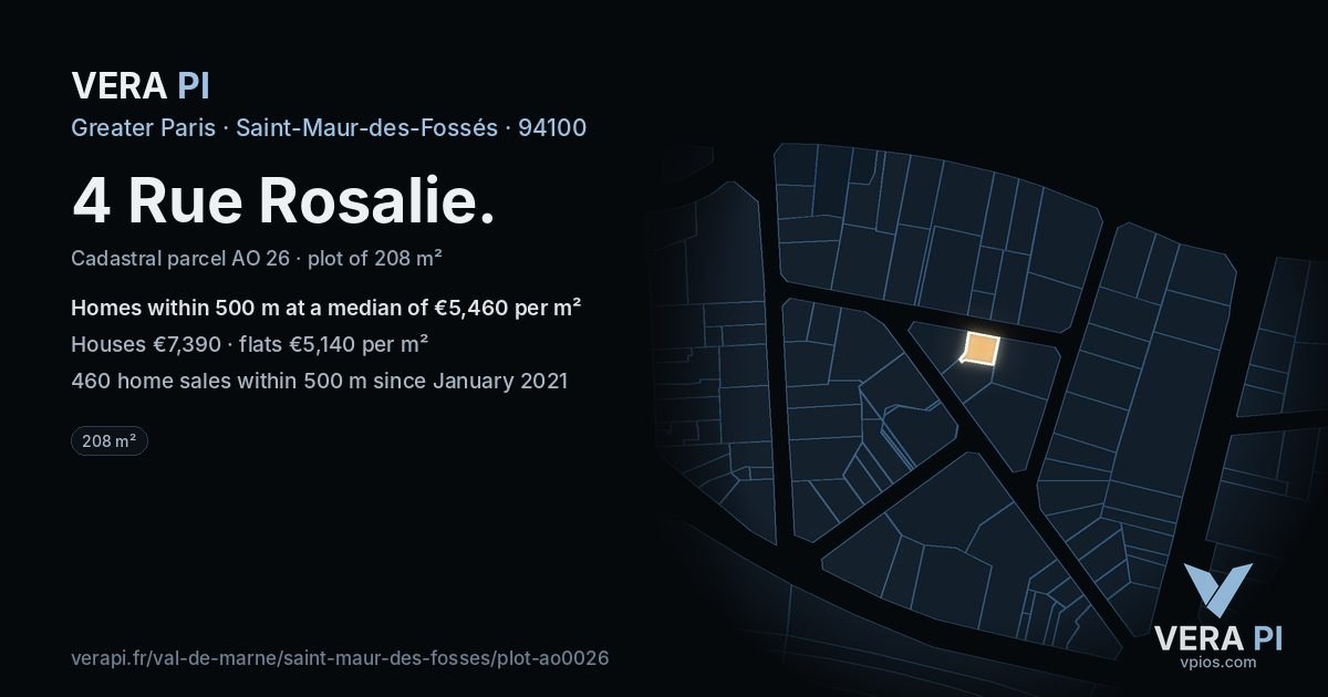 4 Rue Rosalie, Saint-Maur-des-Fossés at night – the plot lit, the parcels around coloured by the prices near them