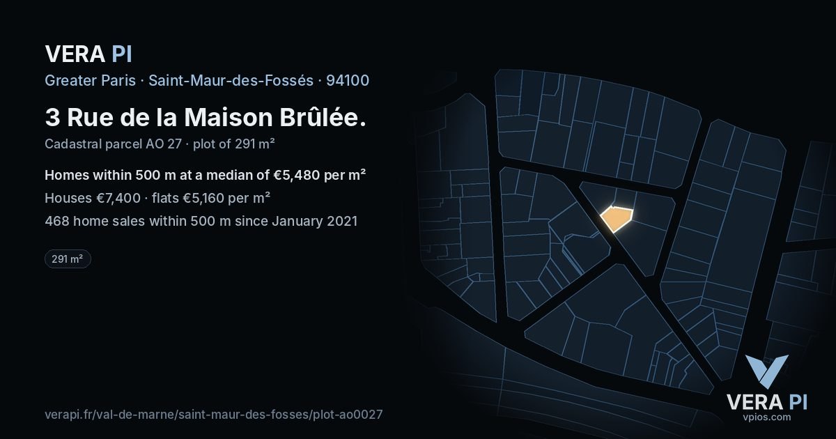 3 Rue de la Maison Brûlée, Saint-Maur-des-Fossés at night – the plot lit, the parcels around coloured by the prices near them