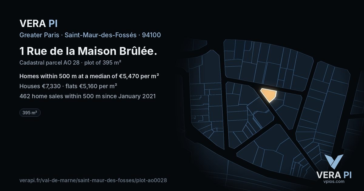 1 Rue de la Maison Brûlée, Saint-Maur-des-Fossés at night – the plot lit, the parcels around coloured by the prices near them