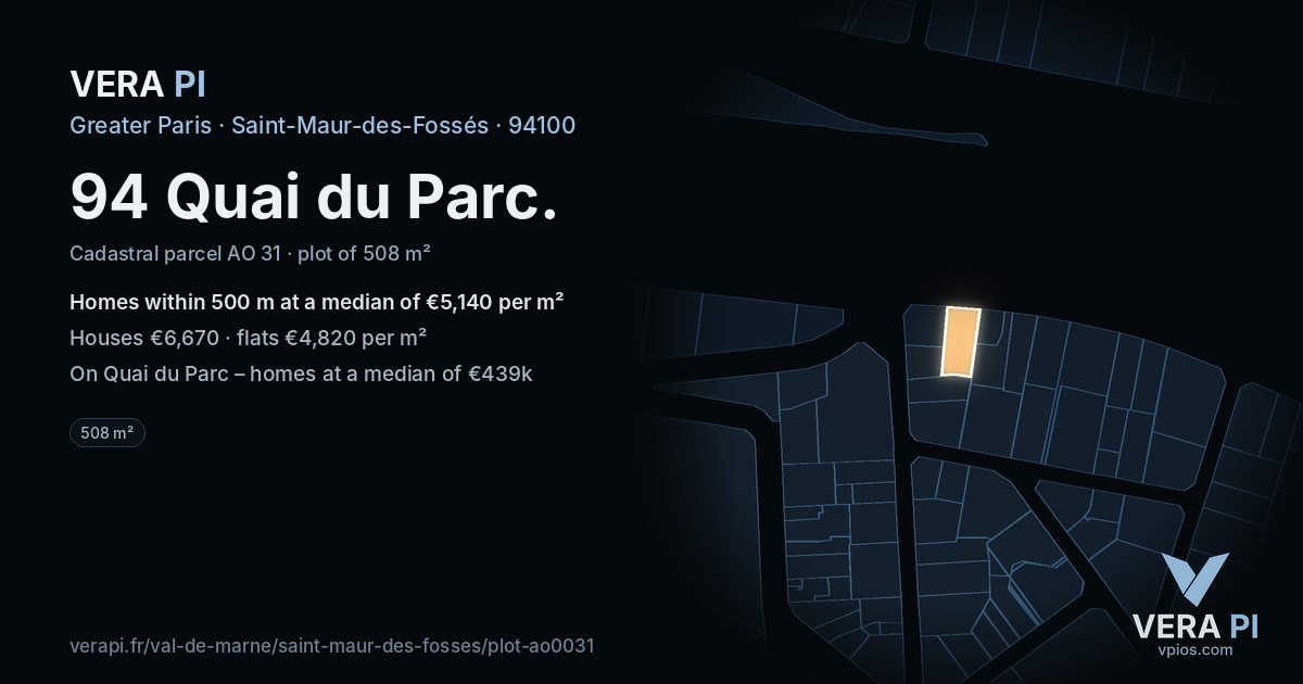 94 Quai du Parc, Saint-Maur-des-Fossés at night – the plot lit, the parcels around coloured by the prices near them