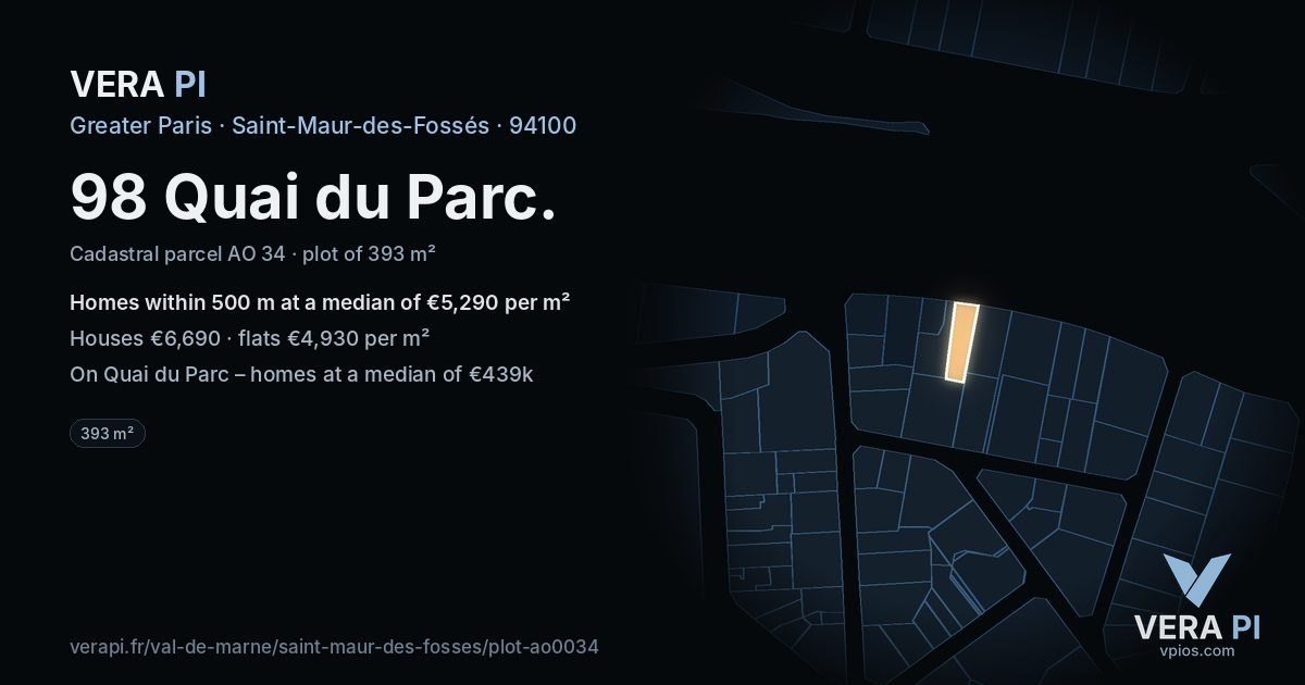 98 Quai du Parc, Saint-Maur-des-Fossés at night – the plot lit, the parcels around coloured by the prices near them