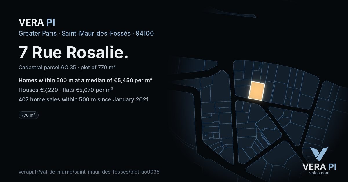 7 Rue Rosalie, Saint-Maur-des-Fossés at night – the plot lit, the parcels around coloured by the prices near them