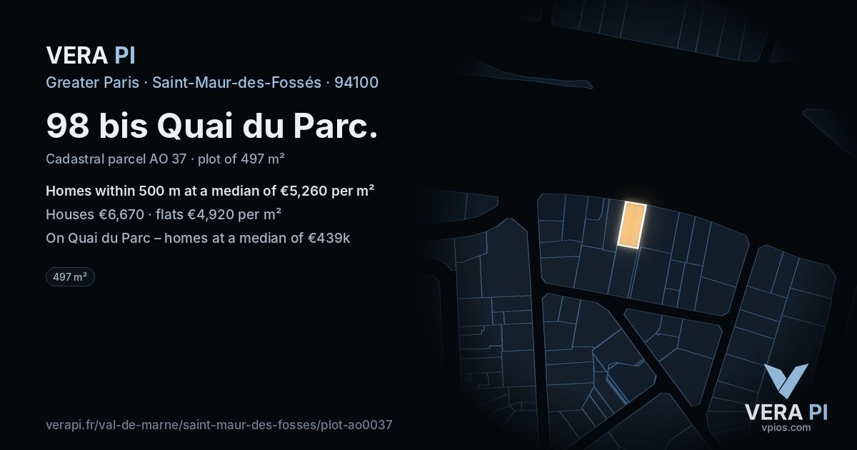 98 bis Quai du Parc, Saint-Maur-des-Fossés at night – the plot lit, the parcels around coloured by the prices near them