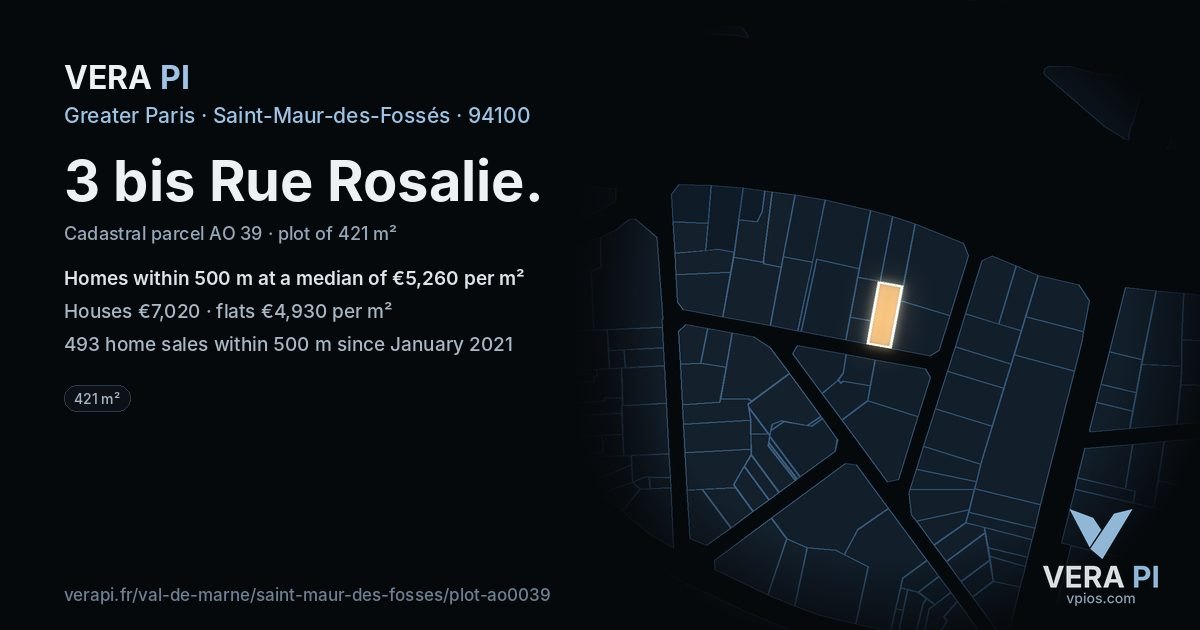 3 bis Rue Rosalie, Saint-Maur-des-Fossés at night – the plot lit, the parcels around coloured by the prices near them