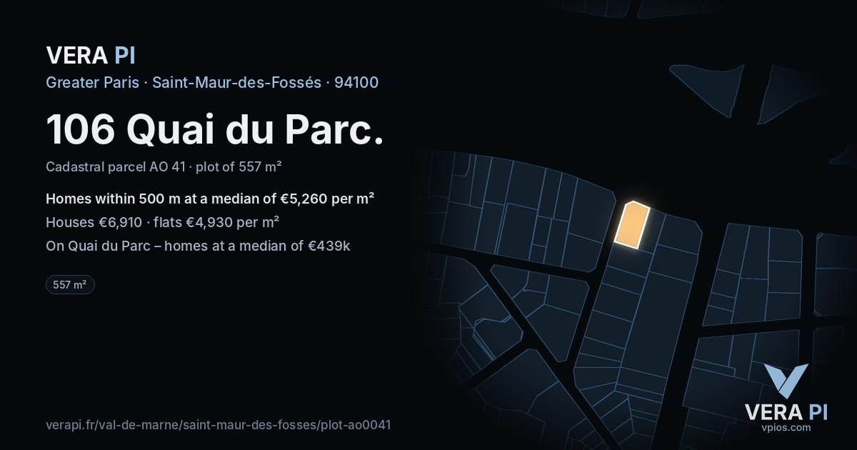 106 Quai du Parc, Saint-Maur-des-Fossés at night – the plot lit, the parcels around coloured by the prices near them