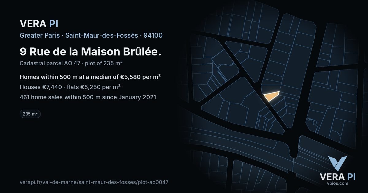 9 Rue de la Maison Brûlée, Saint-Maur-des-Fossés at night – the plot lit, the parcels around coloured by the prices near them