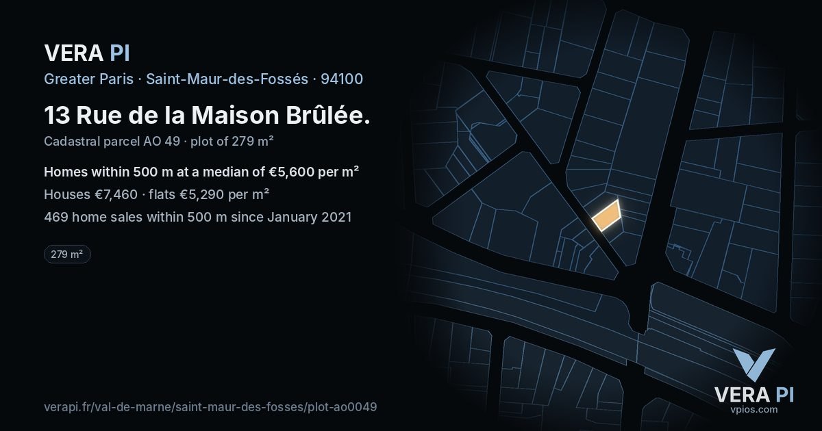 13 Rue de la Maison Brûlée, Saint-Maur-des-Fossés at night – the plot lit, the parcels around coloured by the prices near them
