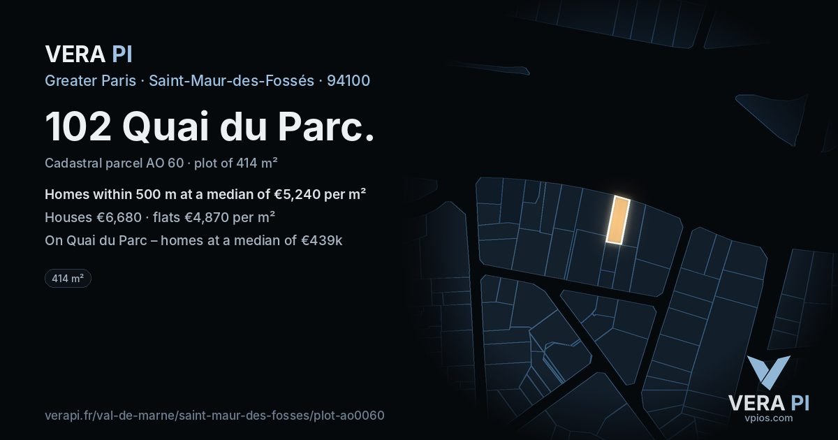 102 Quai du Parc, Saint-Maur-des-Fossés at night – the plot lit, the parcels around coloured by the prices near them