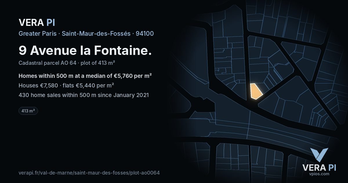 9 Avenue la Fontaine, Saint-Maur-des-Fossés at night – the plot lit, the parcels around coloured by the prices near them