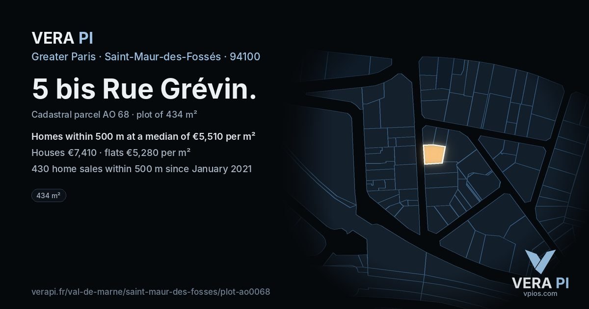 5 bis Rue Grévin, Saint-Maur-des-Fossés at night – the plot lit, the parcels around coloured by the prices near them