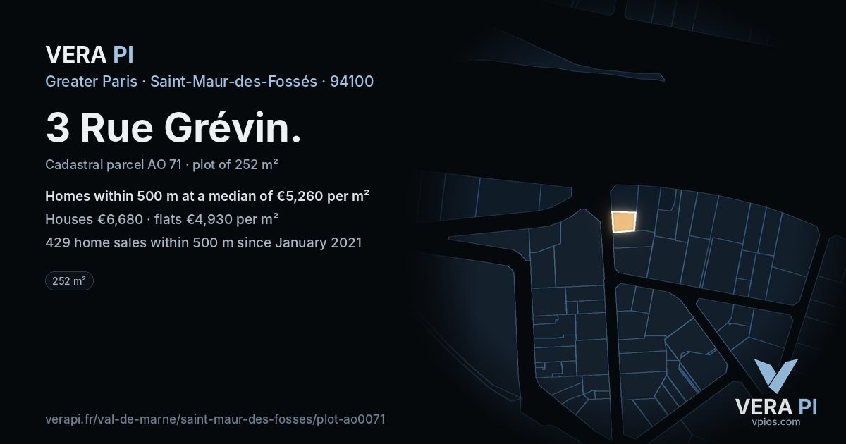 3 Rue Grévin, Saint-Maur-des-Fossés at night – the plot lit, the parcels around coloured by the prices near them