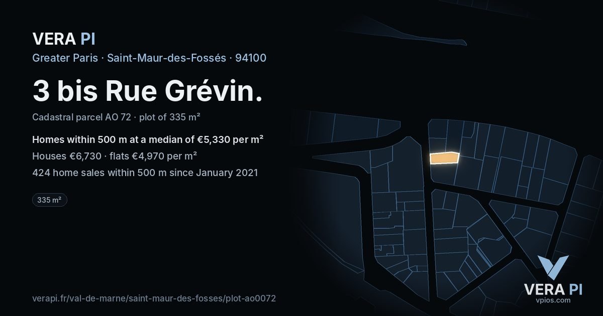 3 bis Rue Grévin, Saint-Maur-des-Fossés at night – the plot lit, the parcels around coloured by the prices near them