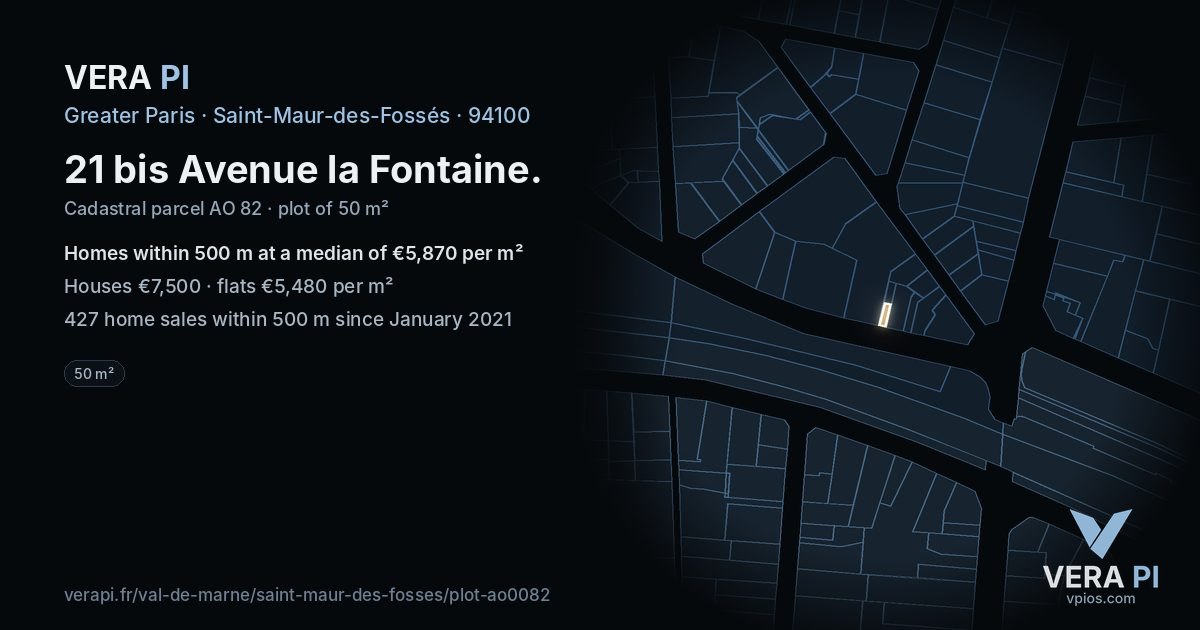 21 bis Avenue la Fontaine, Saint-Maur-des-Fossés at night – the plot lit, the parcels around coloured by the prices near them