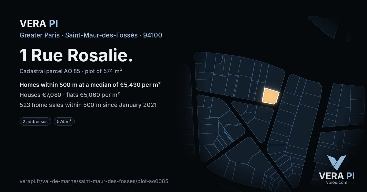 1 Rue Rosalie, Saint-Maur-des-Fossés at night – the plot lit, the parcels around coloured by the prices near them