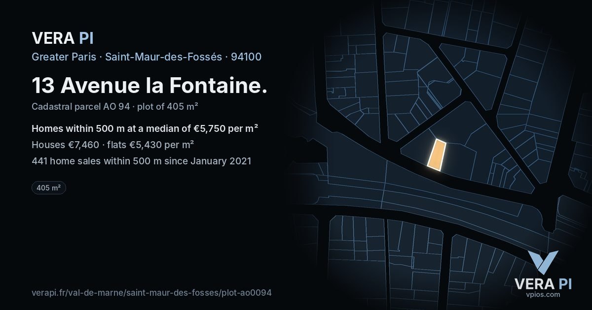 13 Avenue la Fontaine, Saint-Maur-des-Fossés at night – the plot lit, the parcels around coloured by the prices near them