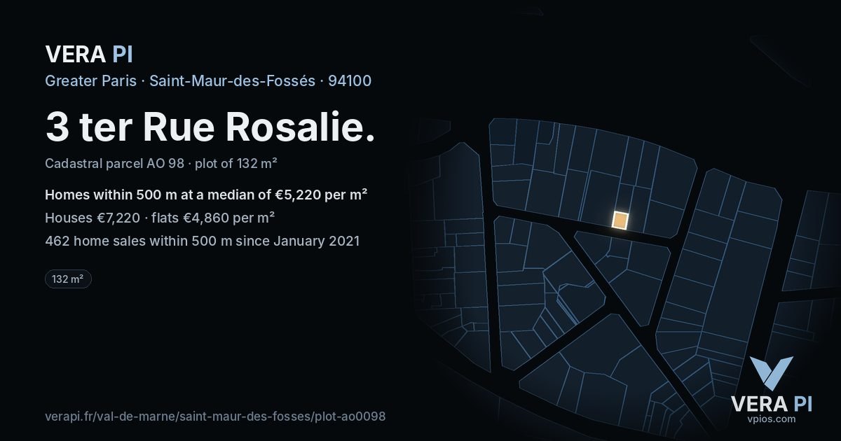 3 ter Rue Rosalie, Saint-Maur-des-Fossés at night – the plot lit, the parcels around coloured by the prices near them