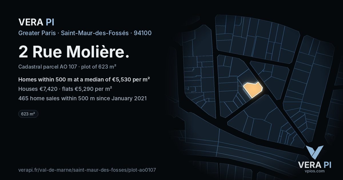 2 Rue Molière, Saint-Maur-des-Fossés at night – the plot lit, the parcels around coloured by the prices near them