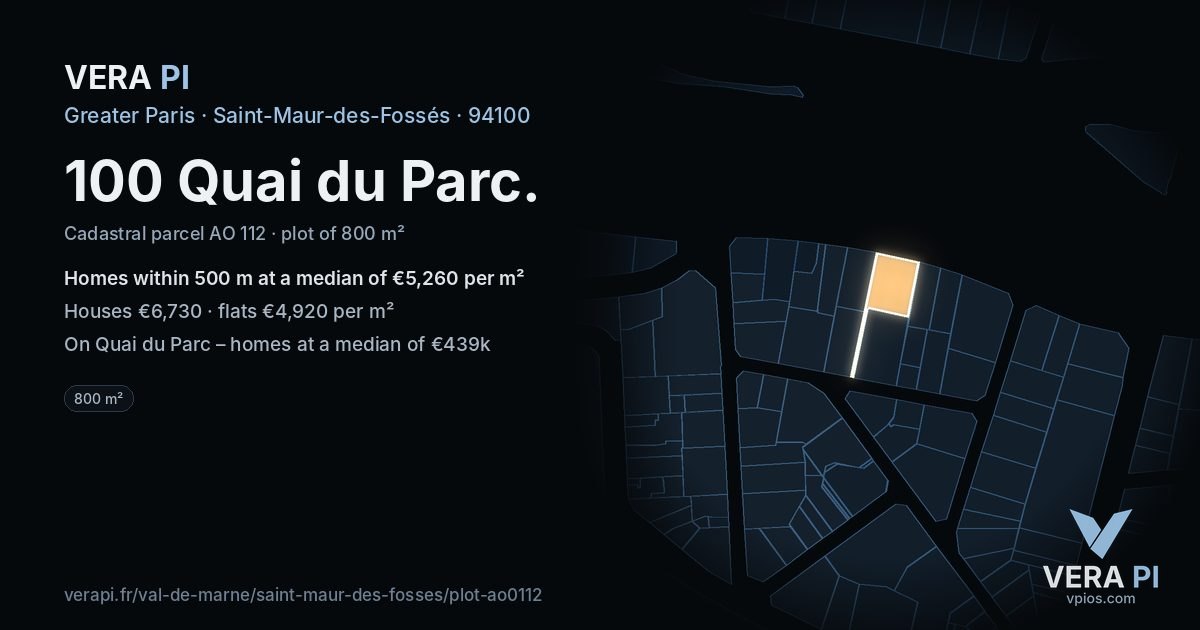 100 Quai du Parc, Saint-Maur-des-Fossés at night – the plot lit, the parcels around coloured by the prices near them