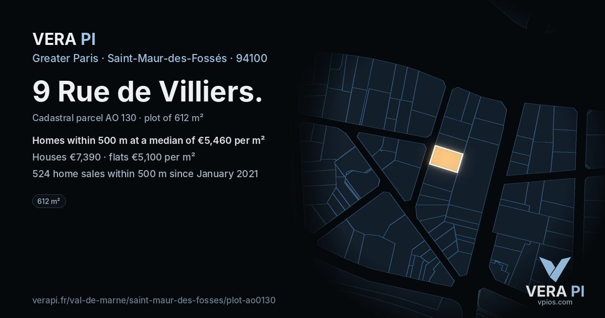 9 Rue de Villiers, Saint-Maur-des-Fossés at night – the plot lit, the parcels around coloured by the prices near them