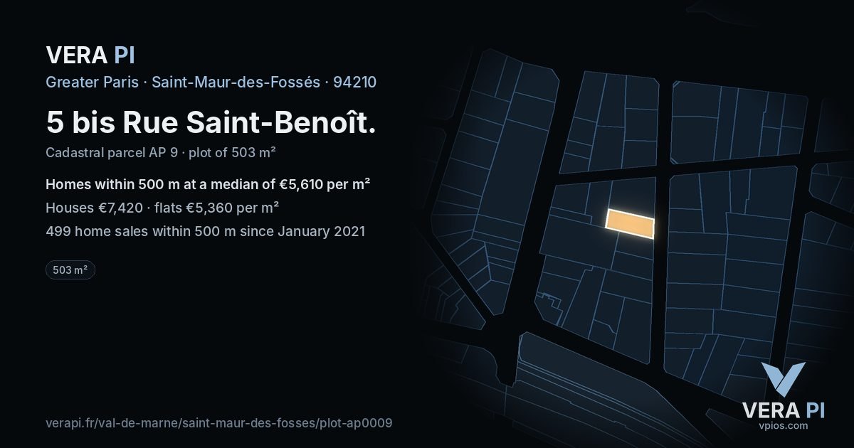 5 bis Rue Saint-Benoît, Saint-Maur-des-Fossés at night – the plot lit, the parcels around coloured by the prices near them