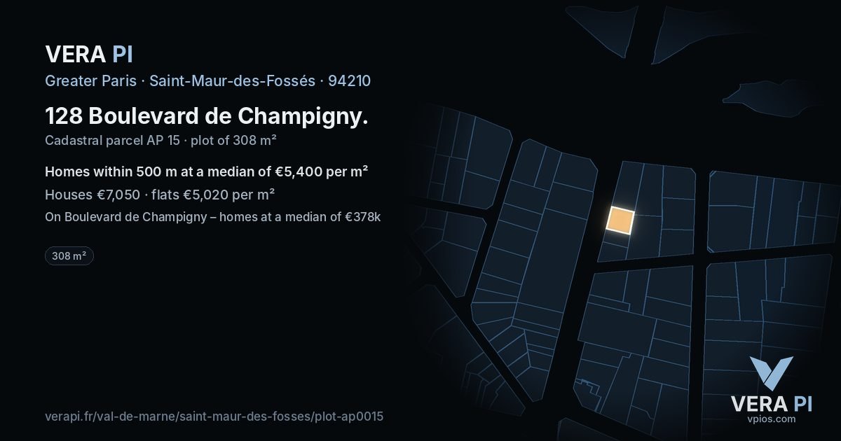 128 Boulevard de Champigny, Saint-Maur-des-Fossés at night – the plot lit, the parcels around coloured by the prices near them
